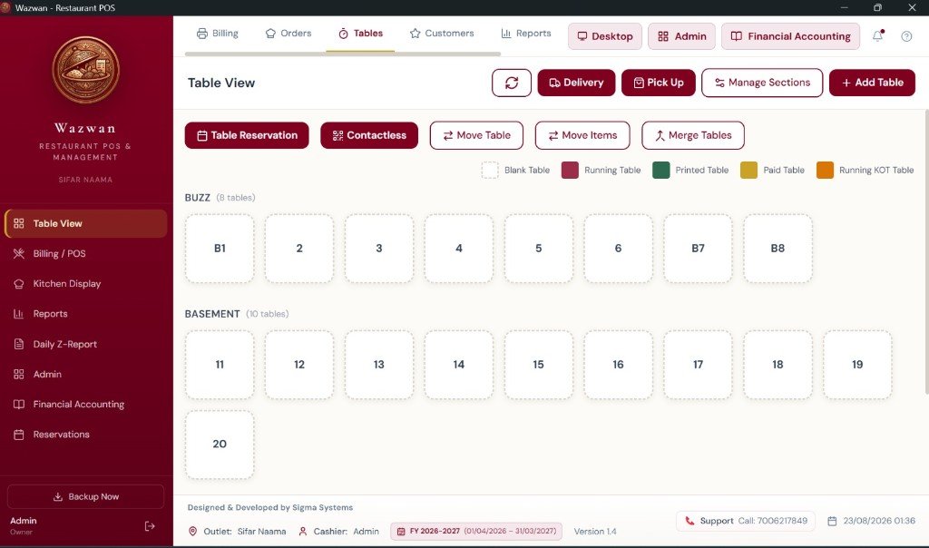 Wazwan POS — Table View with sectioned floor plan and status tracking