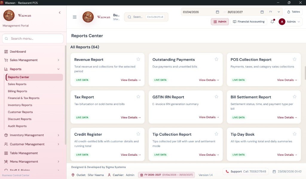 Wazwan POS — Reports Center with 64 built-in reports and LIVE DATA