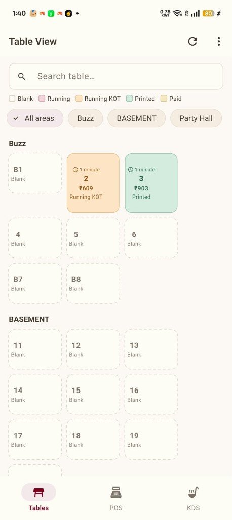 Wazwan Mobile — Table View with area filters and live status colors