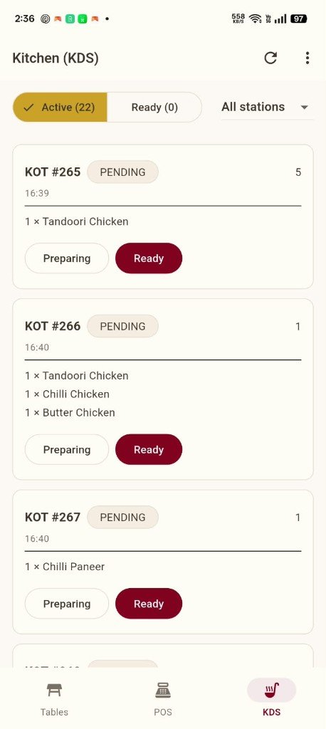 Wazwan Mobile — Kitchen Display System with Active and Ready KOT queues
