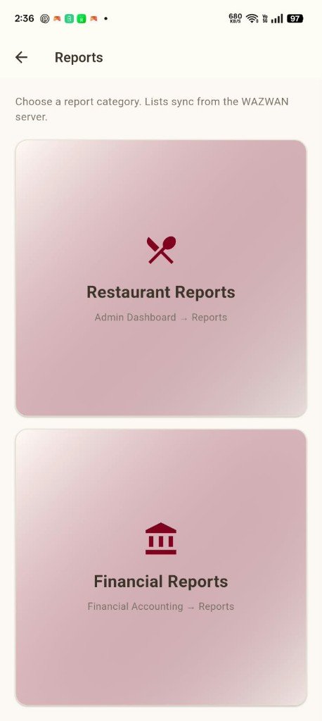 Wazwan Mobile — Reports category hub synced from Wazwan server