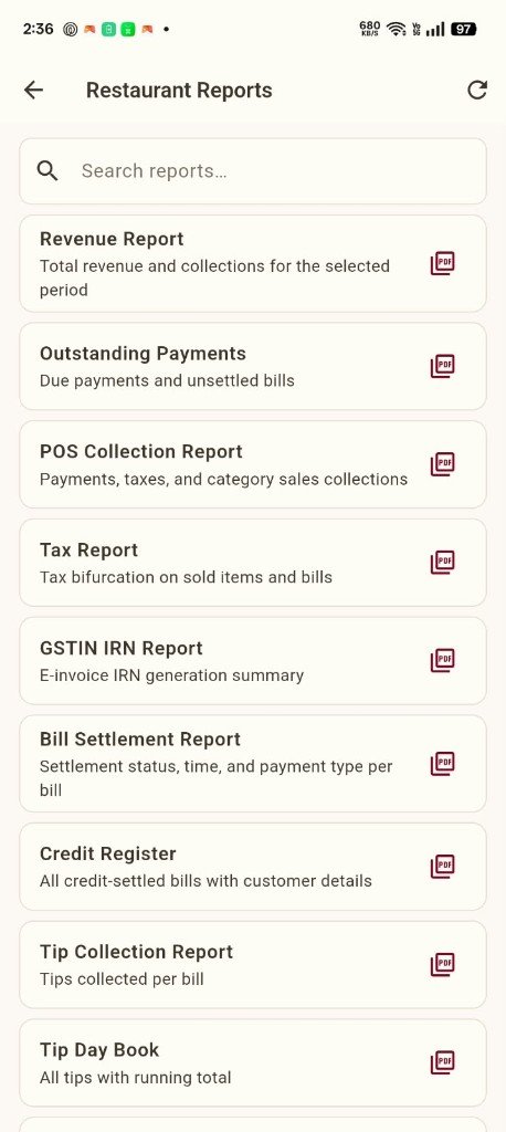 Wazwan Mobile — Restaurant Reports list with PDF export