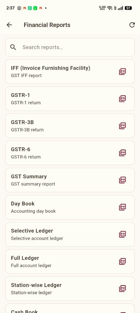 Wazwan Mobile — Financial Reports including Day Book, ledgers, and GSTR
